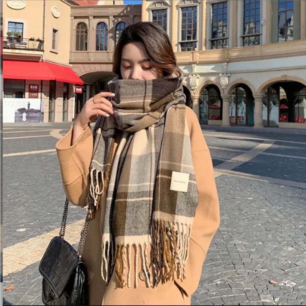 Plaid Wool Scarf - Brown and Tan
